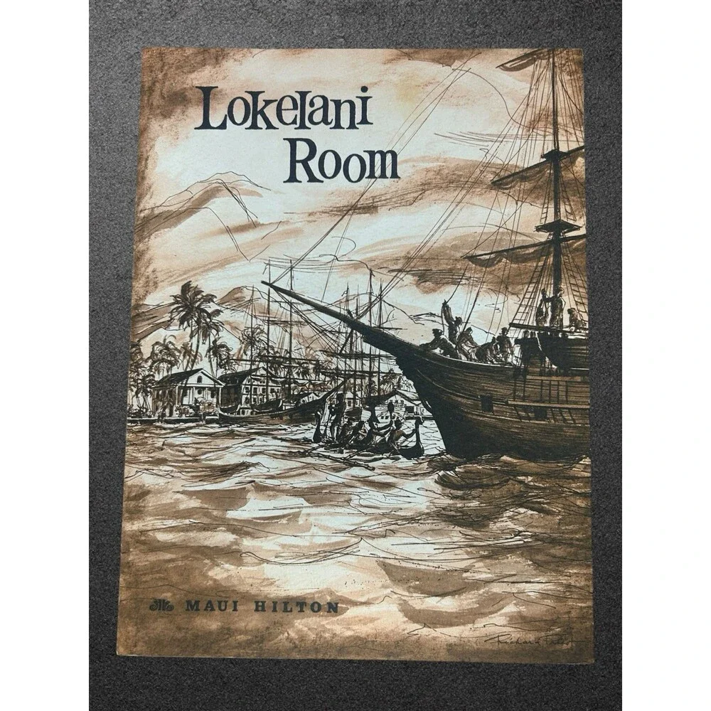 Vtg Maui Hilton Hotel Lokelani Room Menu Cover Hawaii Richard Evans Whaling Ship